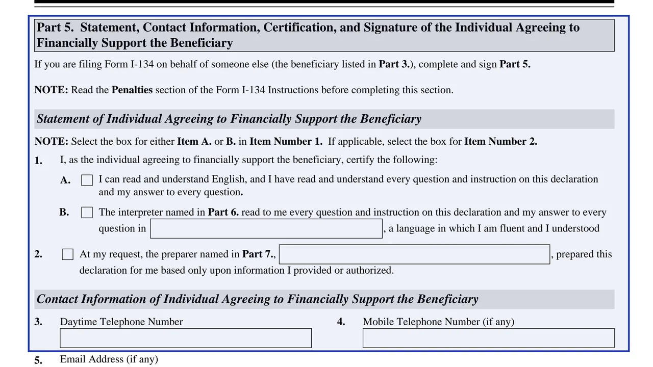 Part 5 of Form I-134, the supporter's statement with the language and preparer boxes and the phone lines