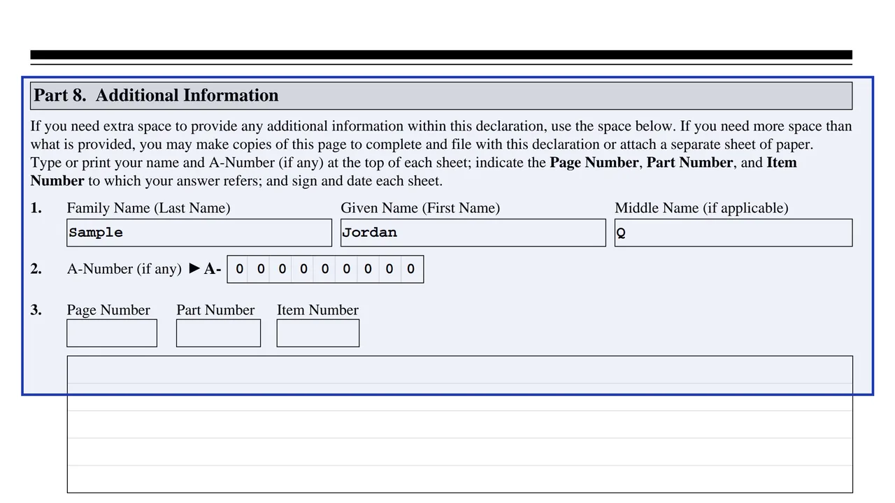 Part 8 of Form I-134, additional information, with lines for page, part and item number