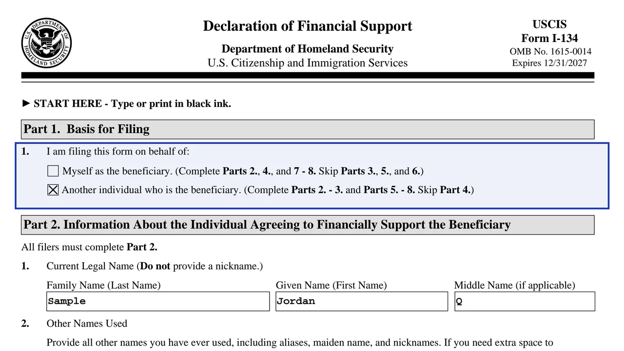 Form I-134 Part 1, Item 1, with the second box checked for a person supporting someone else