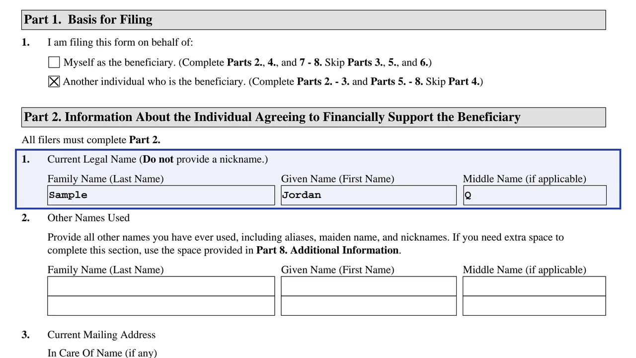 Form I-134 Part 2 with the supporter's family, given and middle name fields filled in, using sample values