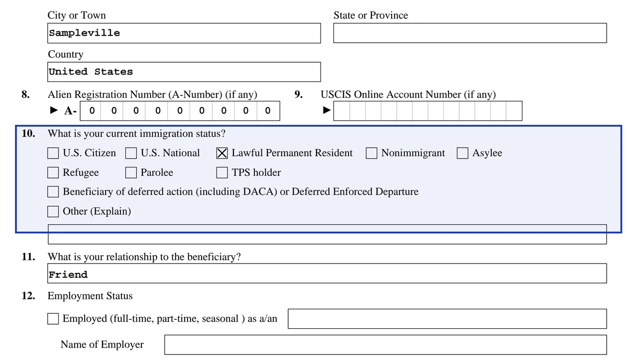 Form I-134 Part 2 immigration status boxes with Lawful Permanent Resident checked