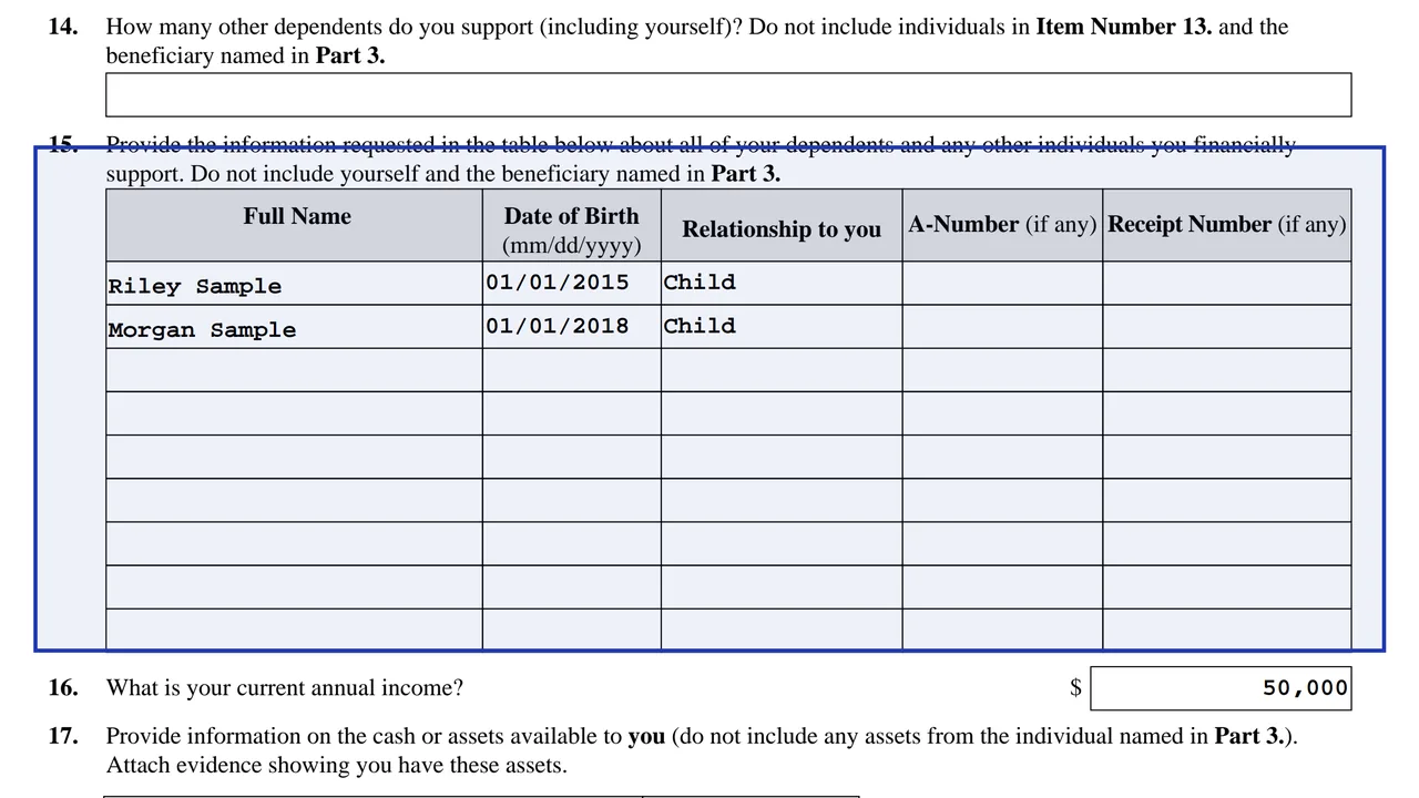 Form I-134 Part 2, Items 14 to 16, listing dependents the supporter already supports, with sample values