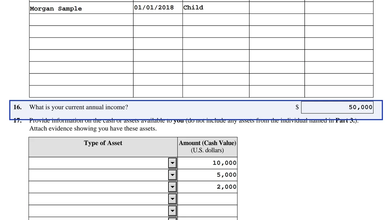 Form I-134 Part 2 current annual income line with a sample amount entered