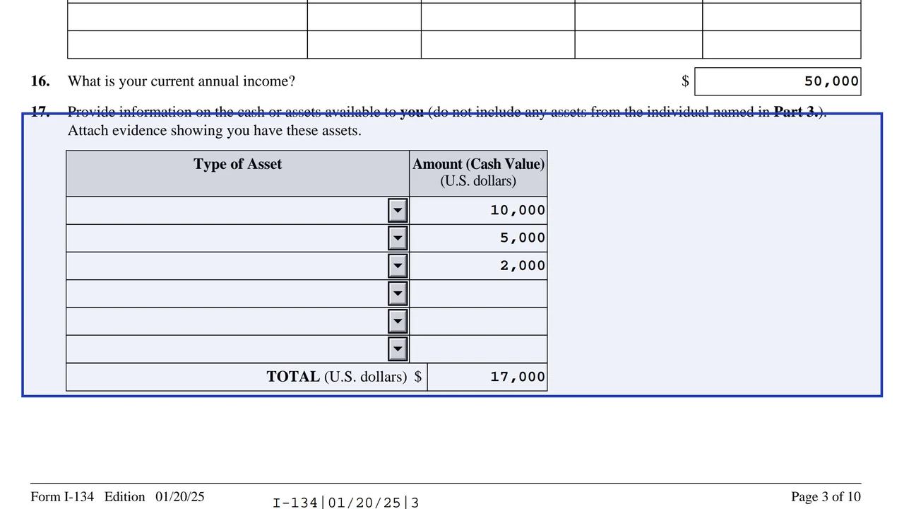 Form I-134 Part 2 assets table with sample amounts and a total, assets that convert to cash within 12 months