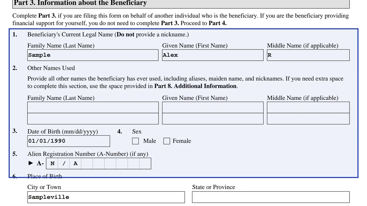 Form I-134 Part 3 with the beneficiary's legal name, date of birth and A-Number entered as N/A, sample values