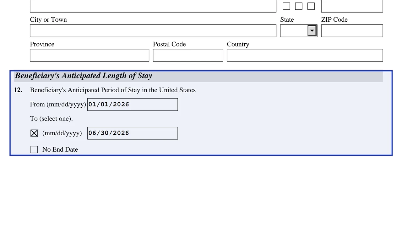 Form I-134 Part 3, Item 12, anticipated start date and the end-date option selected, sample dates