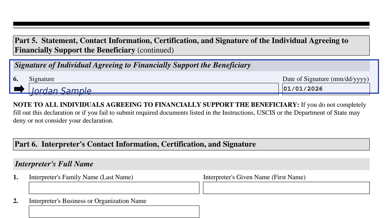 The supporter's ink signature and date on the Part 5 signature line of Form I-134, using sample values