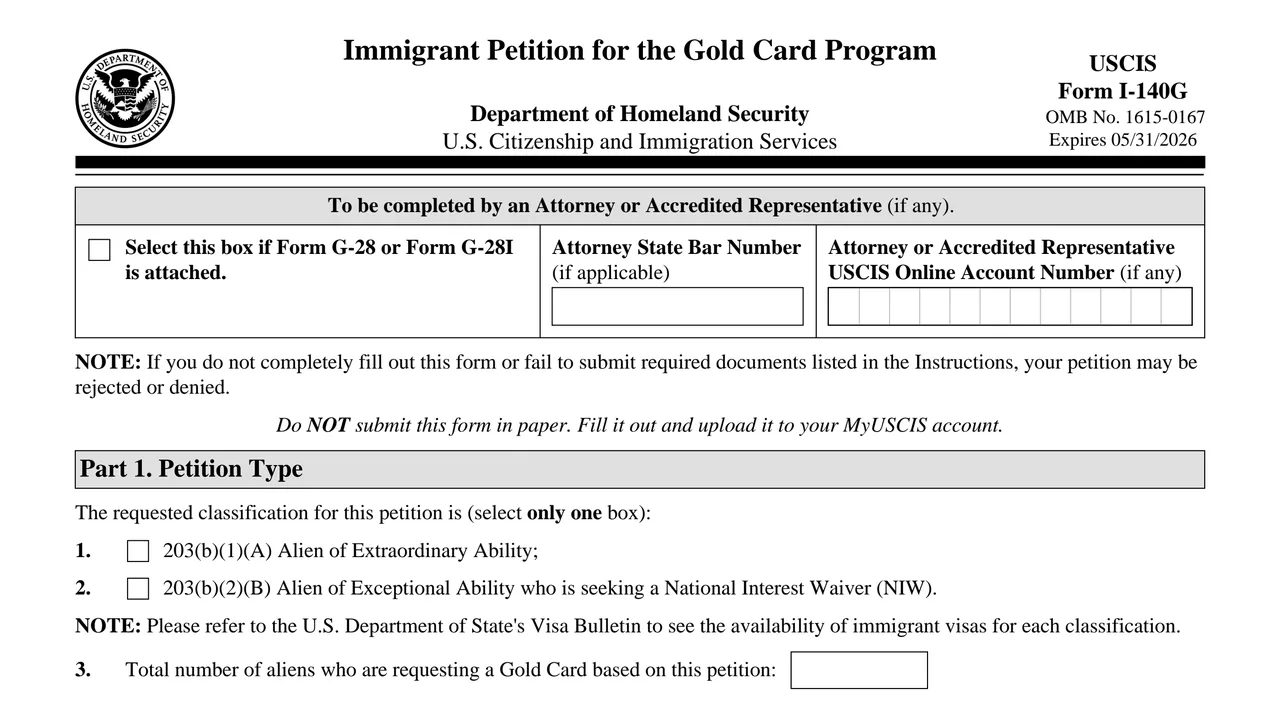 Top of page 1 of Form I-140G: Immigrant Petition for the Gold Card Program, as printed by USCIS
