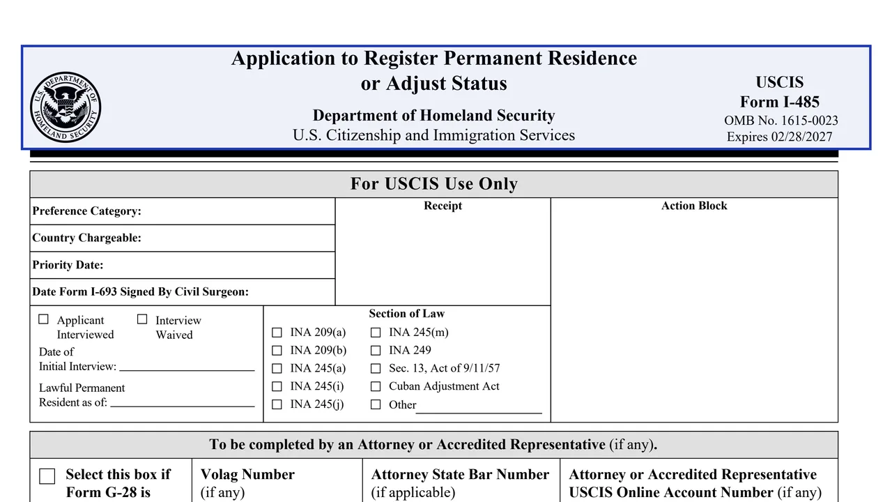 The title area of Form I-485 (edition 09/18/26) with the form name, agency and OMB number