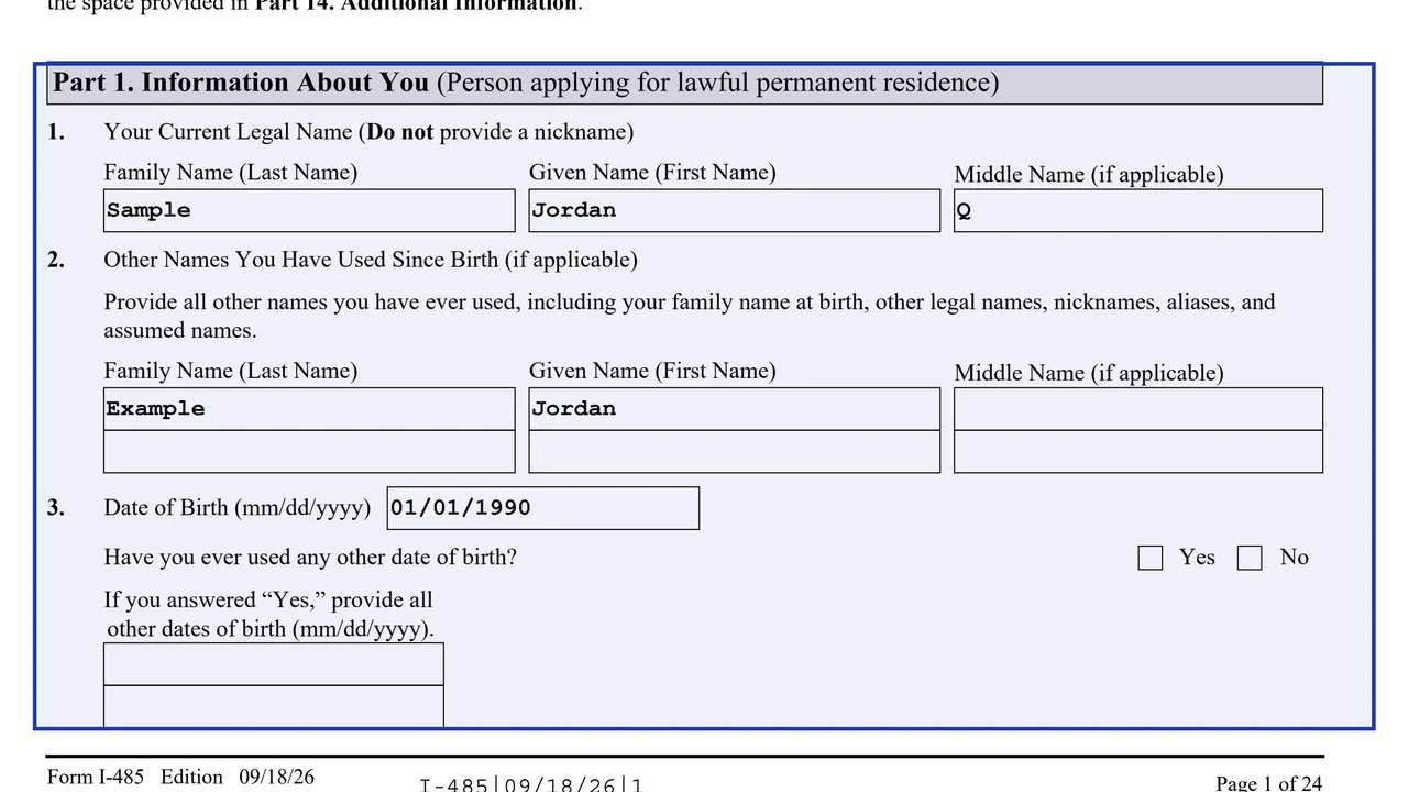 Part 1 of Form I-485 with name, A-Number, birth details, addresses and entry information