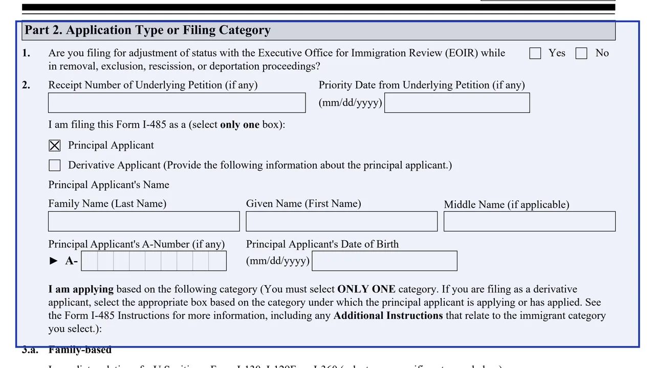 Part 2 of Form I-485 with the immigrant category boxes and principal applicant information