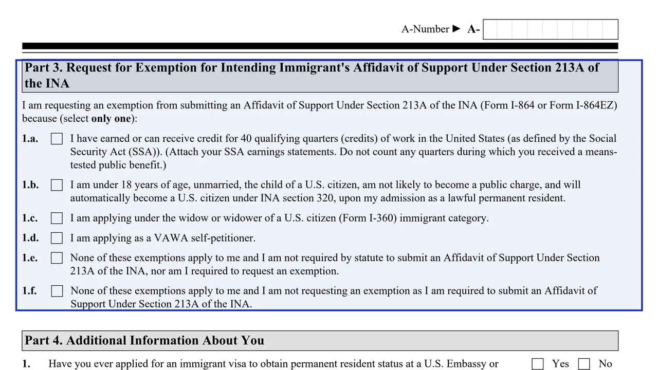 Part 3 of Form I-485 with the request for exemption from the affidavit of support