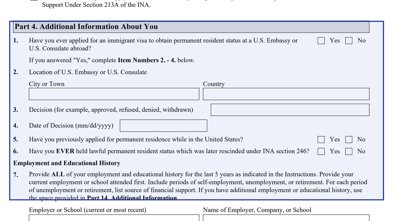 Part 4 of Form I-485 with additional biographic information fields