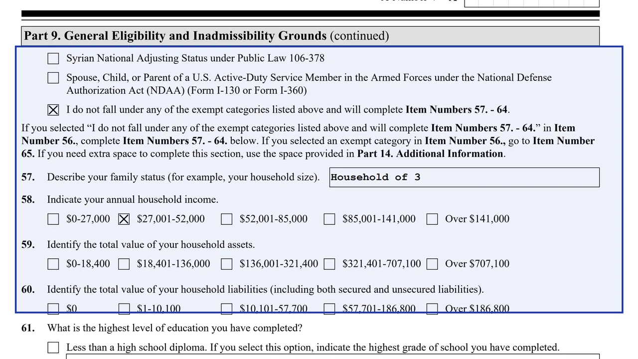 Part 9 of Form I-485 showing Item 56 on public charge exempt categories and Items 57 to 64