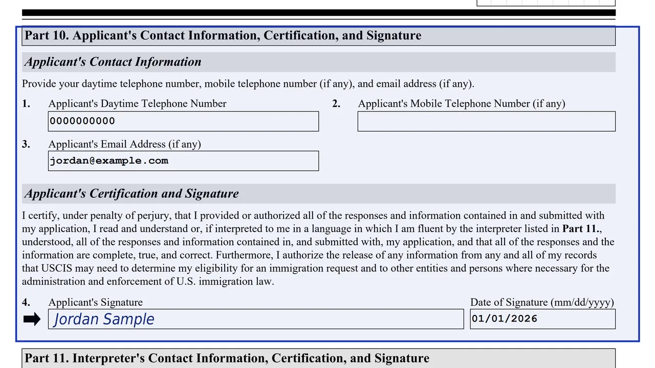 Part 10 of Form I-485 with sample contact details and a sample applicant signature and date
