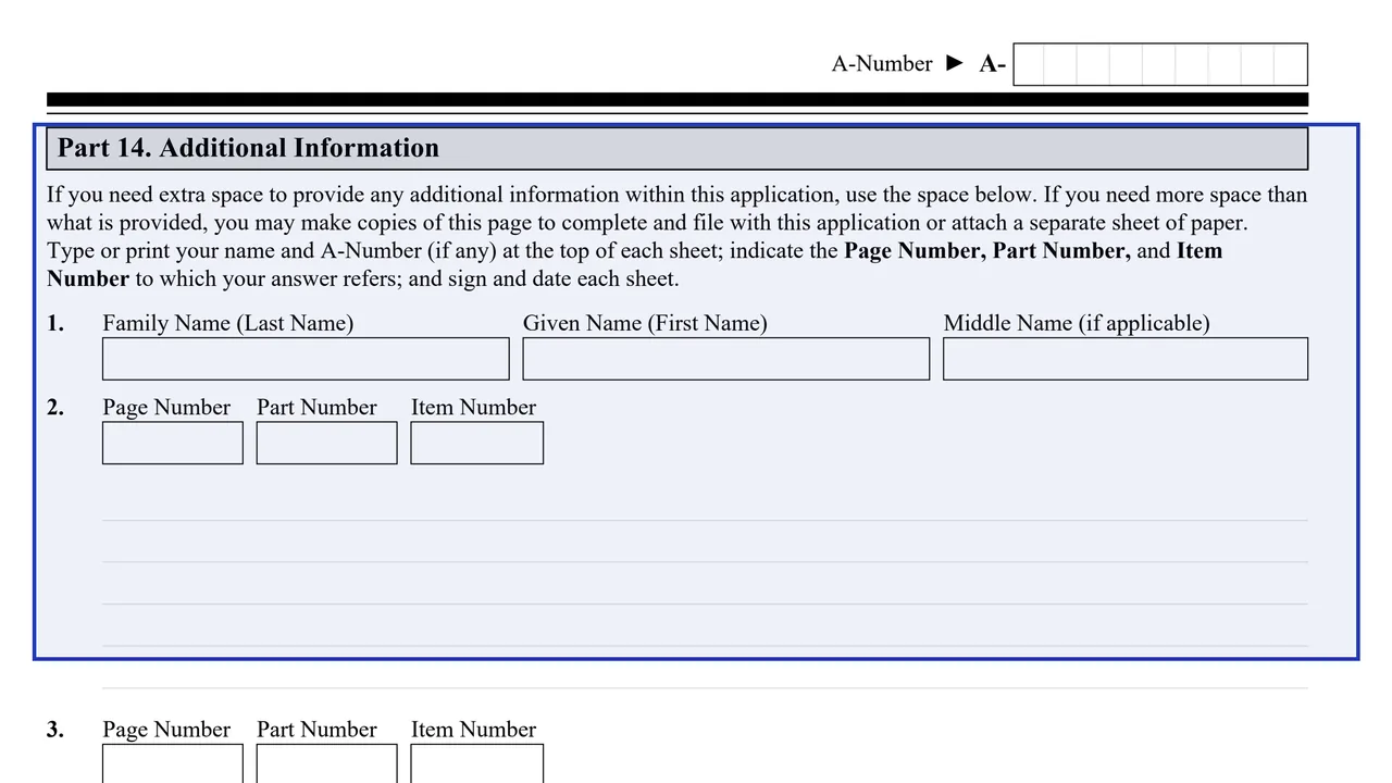 Part 14 of Form I-485 with space for additional information