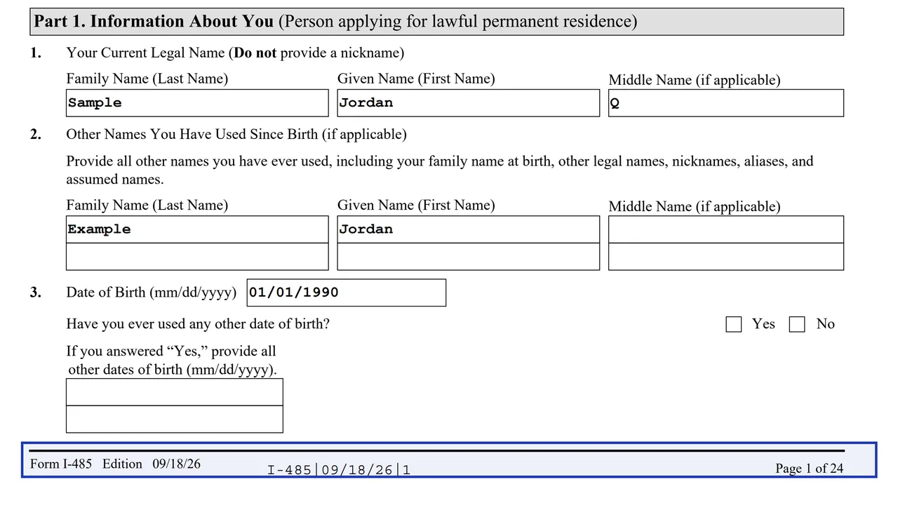 The bottom of a Form I-485 page showing the edition date 09/18/26 and page number
