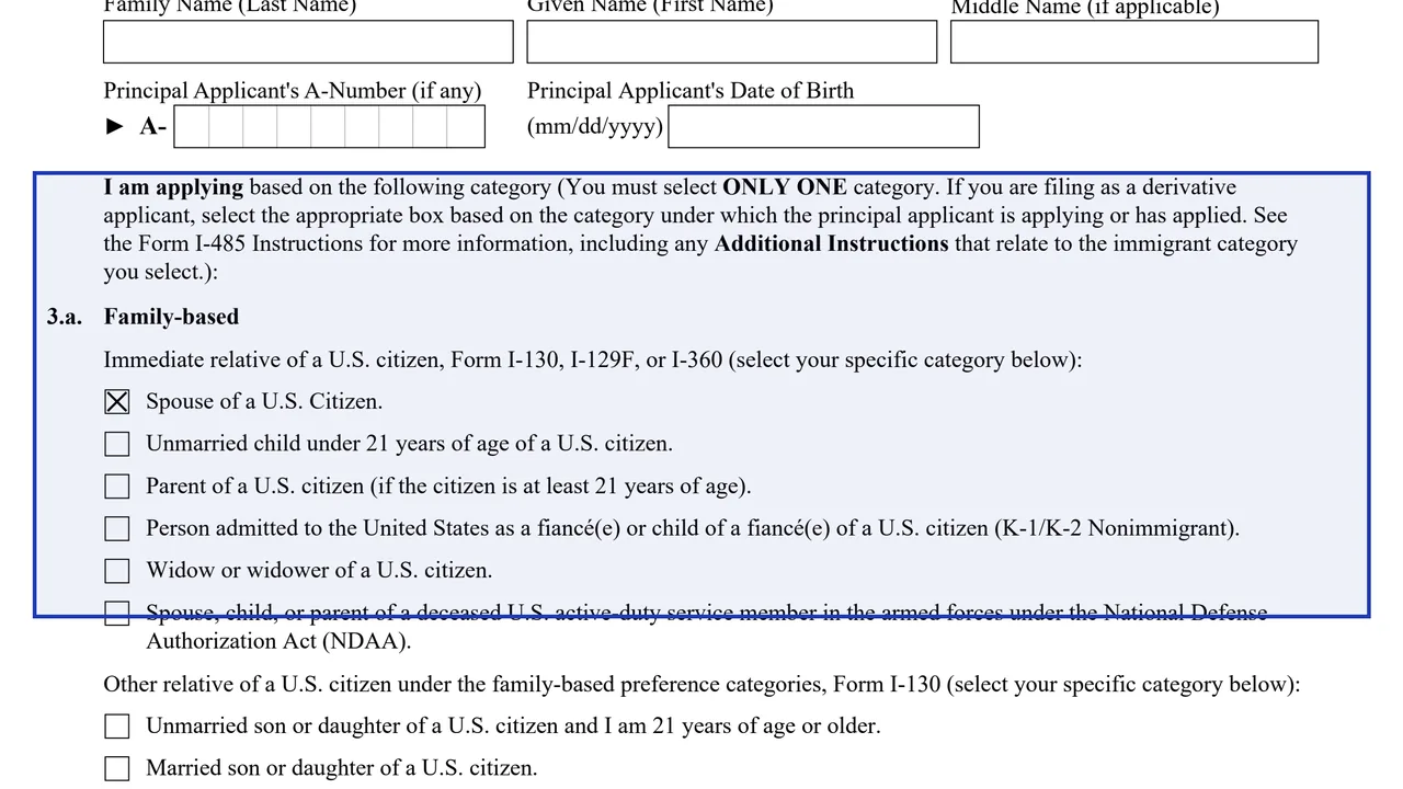 The category selection in Part 2 of Form I-485 with the Spouse of a U.S. Citizen box checked