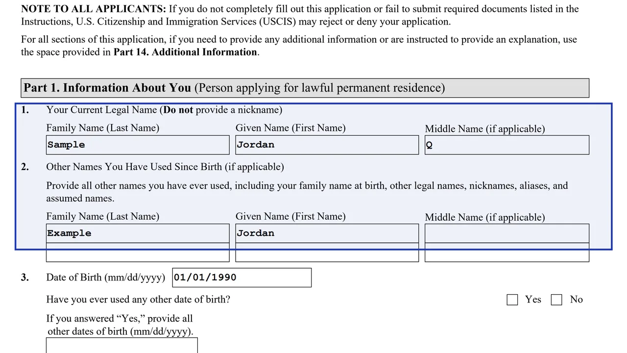 Items 1 and 2 of Part 1 of Form I-485 with a sample current legal name and another name entered