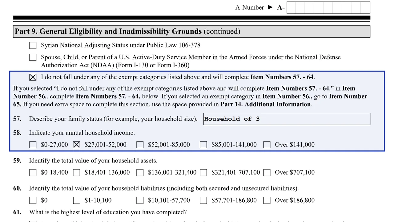 Part 9 Item 56 of Form I-485 with the box for not being in an exempt category checked