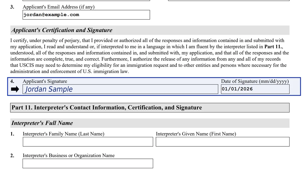 The applicant signature and date lines in Part 10 of Form I-485 with a sample signature entered