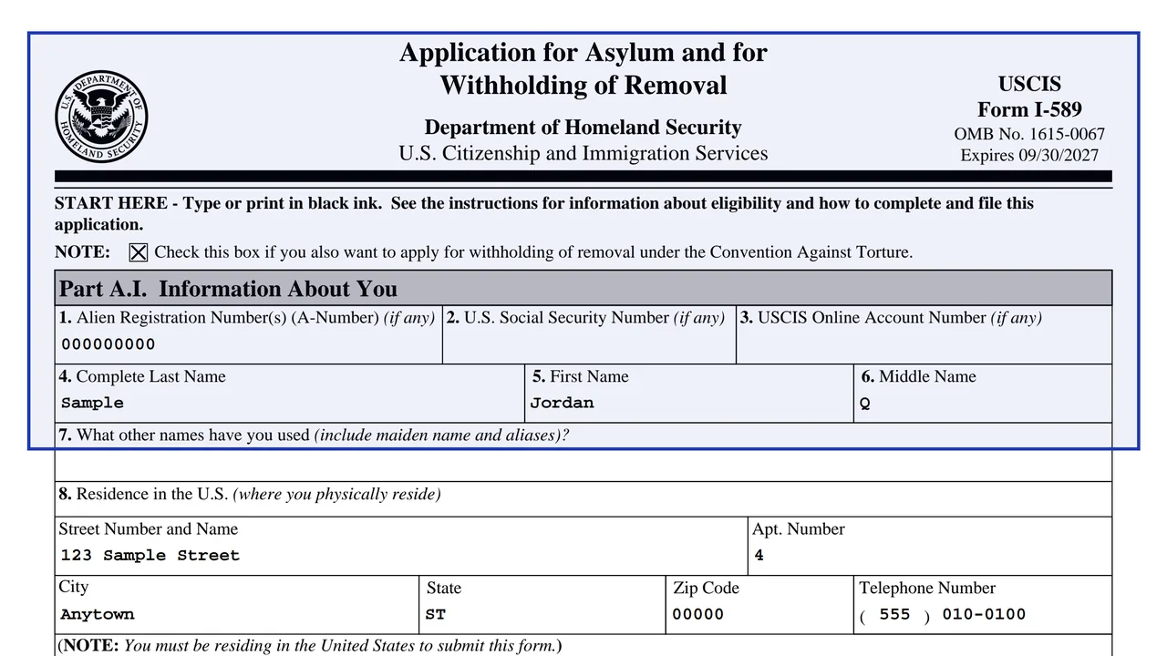 Page 1 of Form I-589, Application for Asylum and for Withholding of Removal, with the torture box and Part A.I