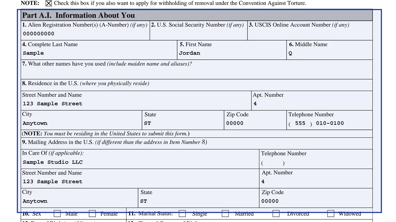 Part A.I of Form I-589 with name, A-Number, residence and mailing address, and entry information
