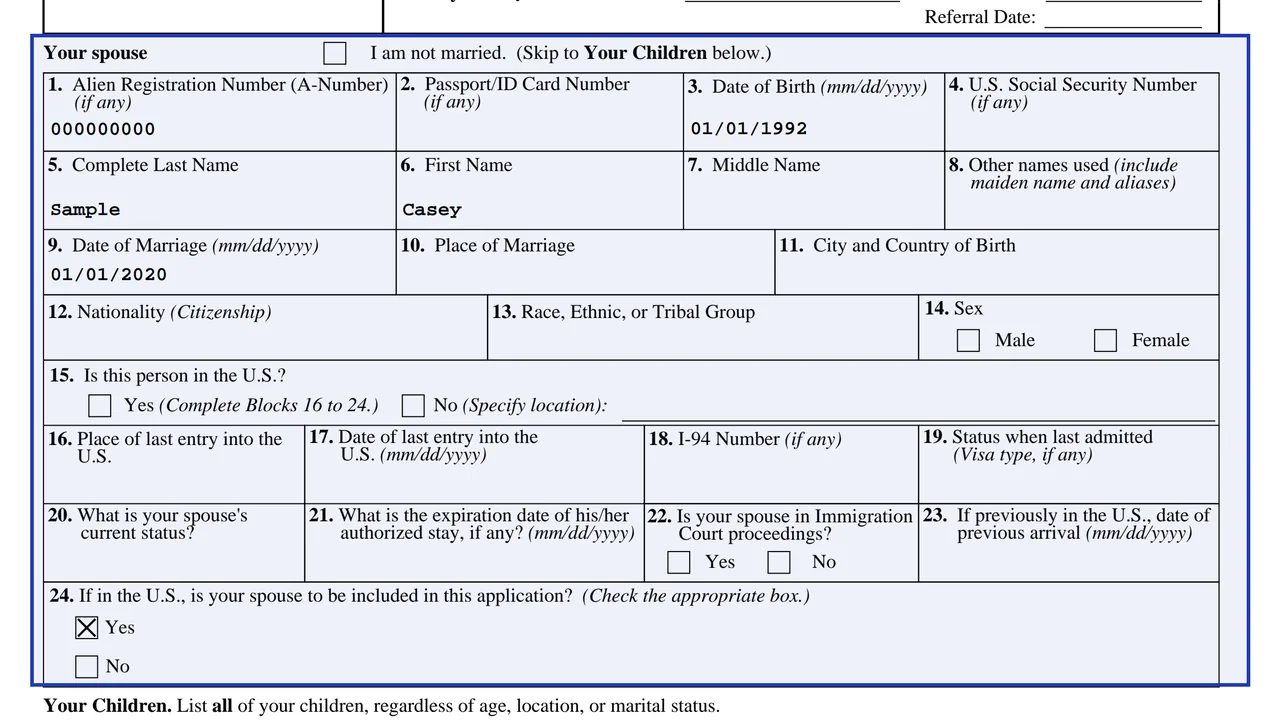 Part A.II of Form I-589 with the spouse block and the children blocks