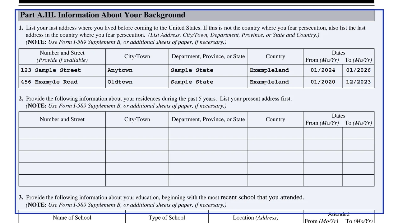 Part A.III of Form I-589 with the tables for last address, residences, education, employment, parents and siblings