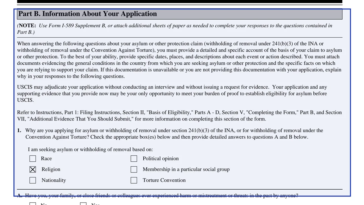 Part B of Form I-589 with the reason-for-applying checkboxes and Yes or No questions about harm and fear