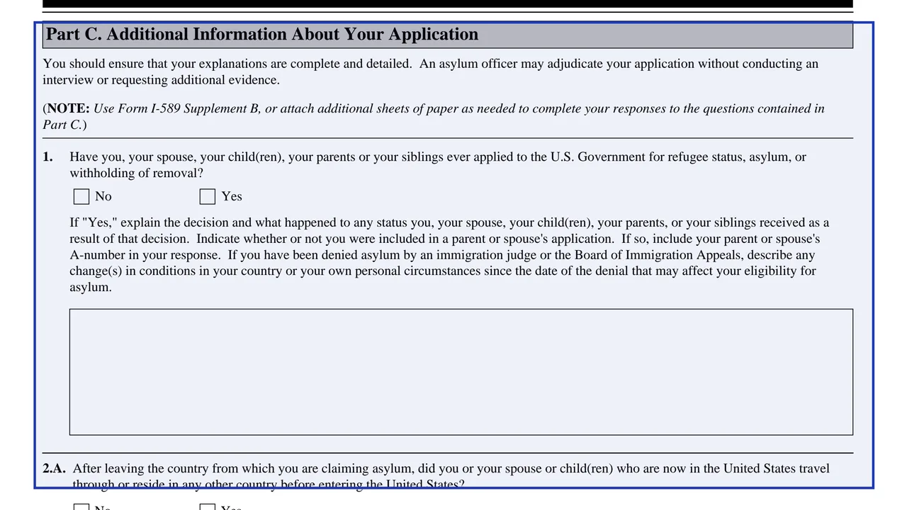 Part C of Form I-589 with the Yes or No questions on prior applications, crimes and the one-year deadline