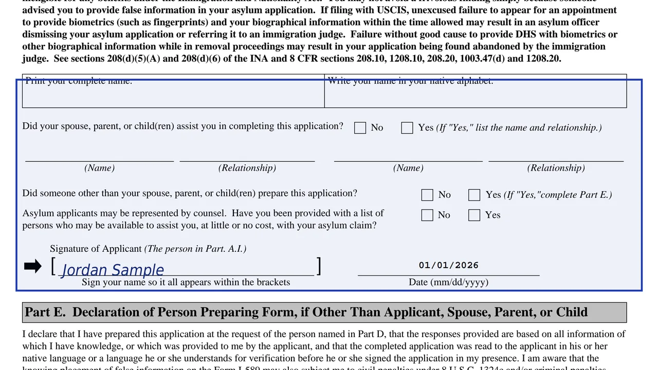 Part D of Form I-589, the applicant's signature block with assistance questions