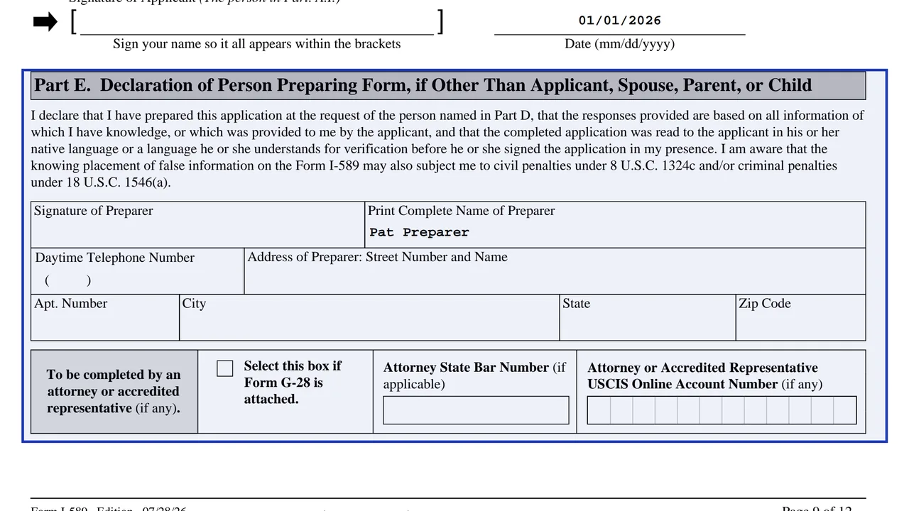 Part E of Form I-589, the declaration block signed by a preparer who is not a family member