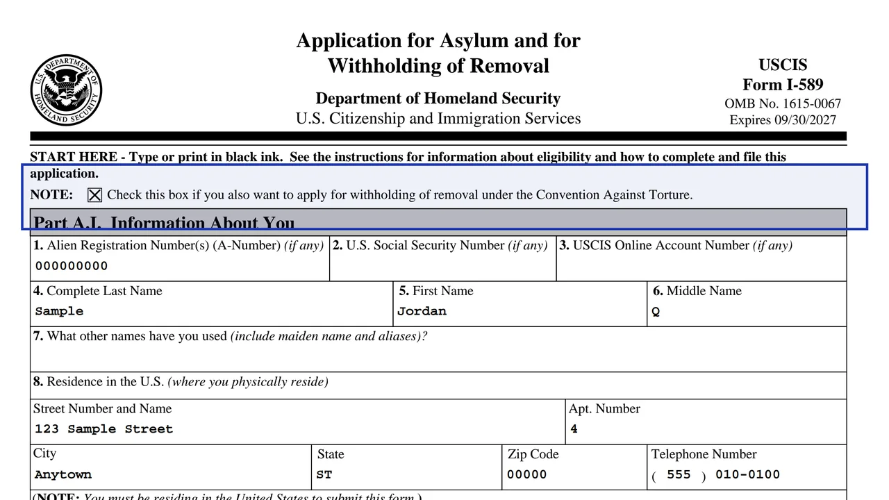 The check box at the top of page 1 of Form I-589 for withholding under the Convention Against Torture