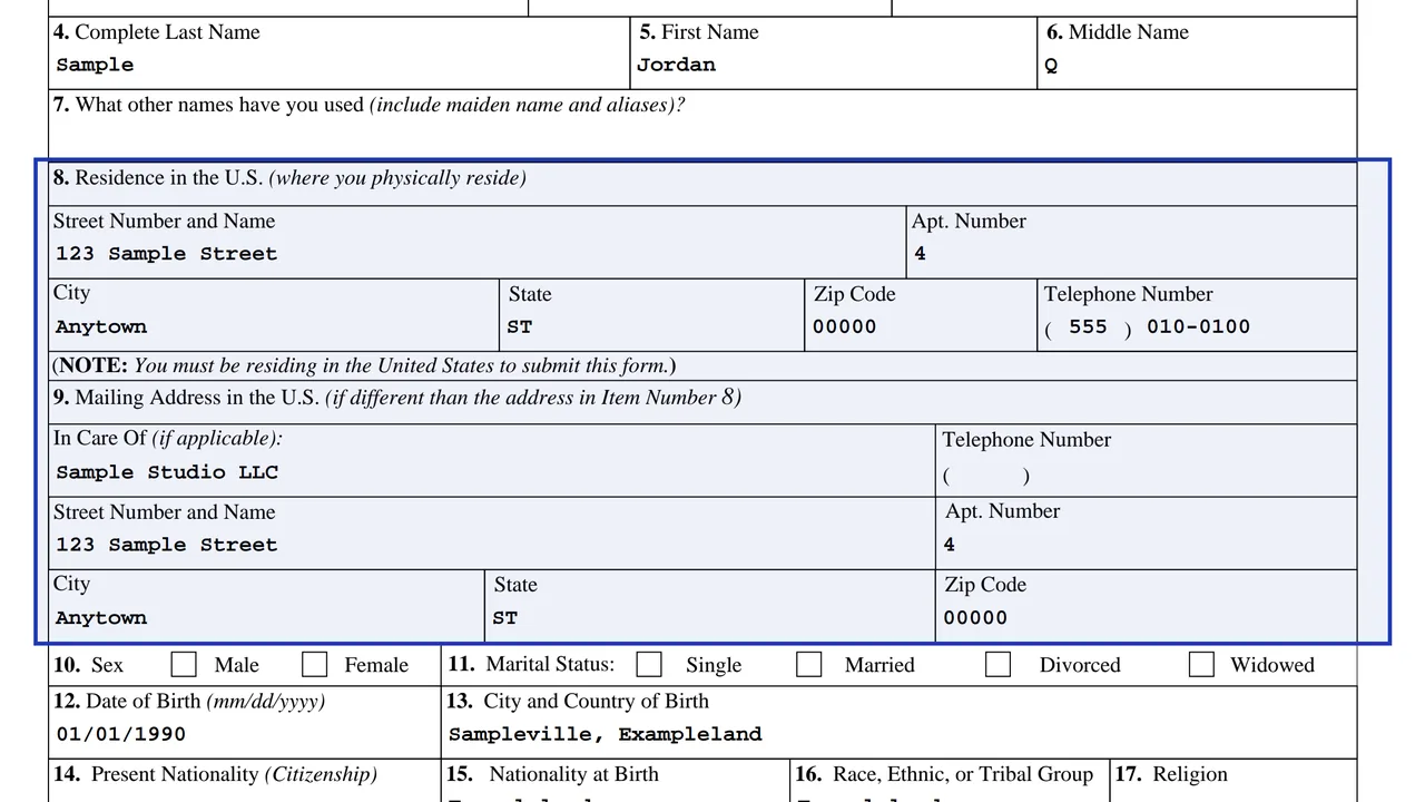 Form I-589 Part A.I Questions 8 and 9, residence and mailing address with an In Care Of line, sample values