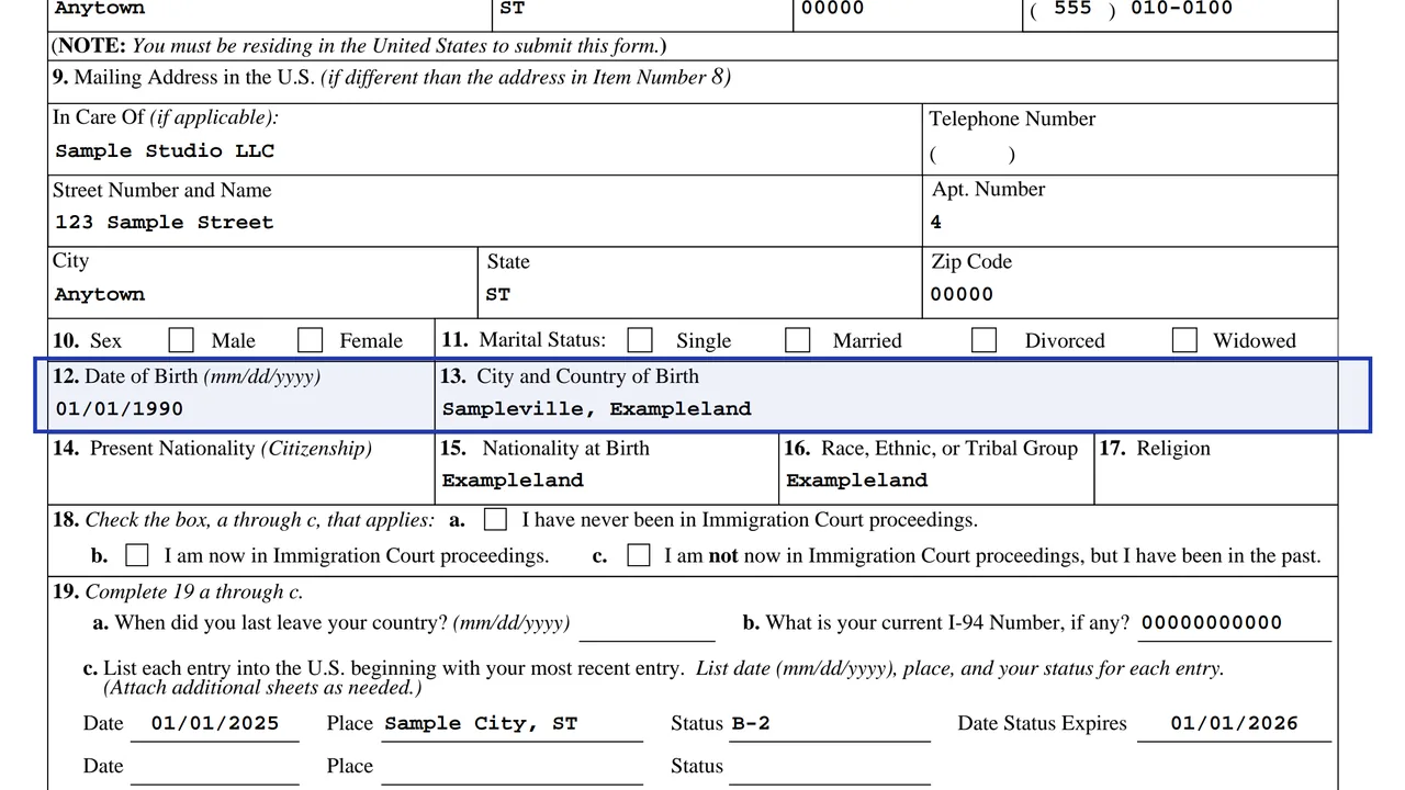 Form I-589 Part A.I Question 13 with the city and country of birth entered, using a sample value