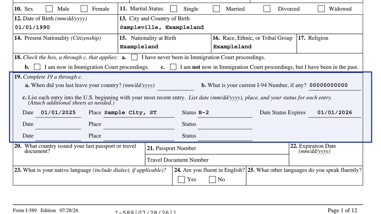 Form I-589 Part A.I Questions 19b and 19c, the I-94 number and the entry date, place and status, sample values