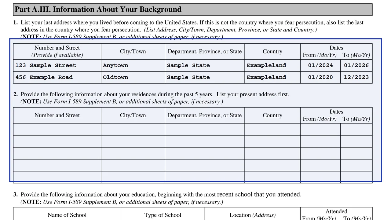 Form I-589 Part A.III tables filled most recent first, using sample values