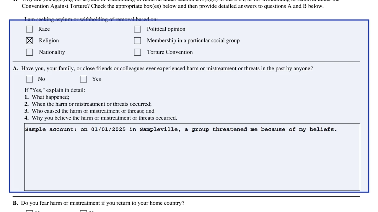 Form I-589 Part B Question 1 reason boxes beside a written account with dates and places, sample text