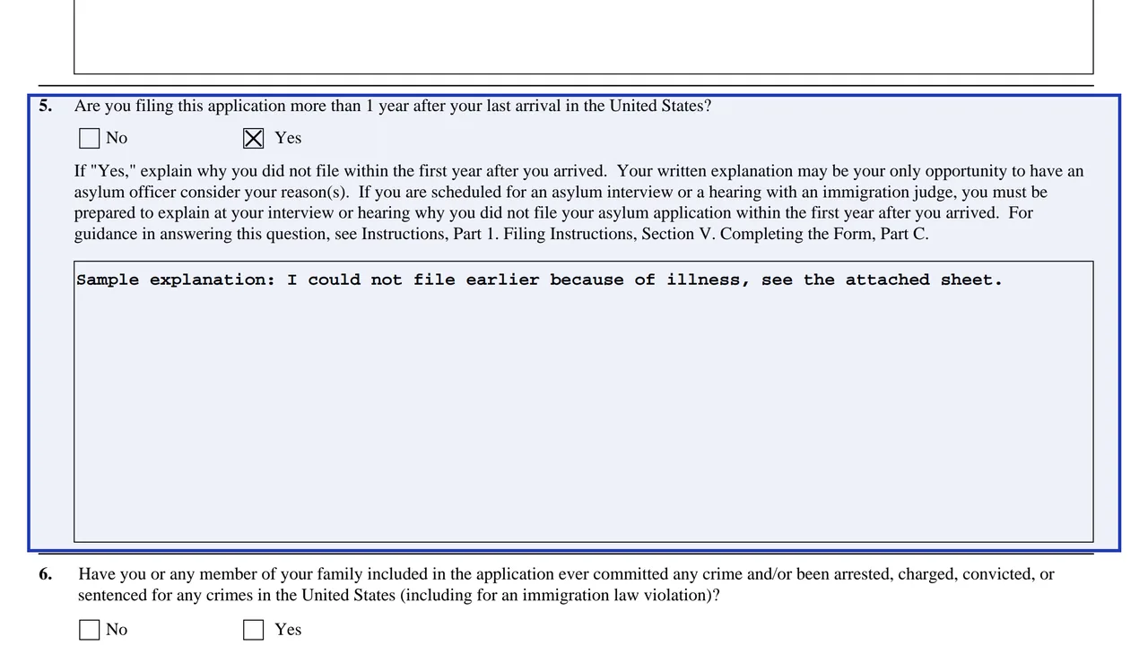 Form I-589 Part C Question 5 answered Yes with an attached explanation sheet for late filing