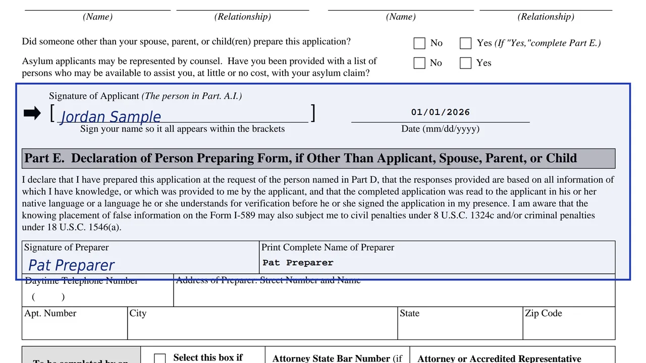 Form I-589 Parts D and E with the applicant's signature and a preparer's name and signature, sample values