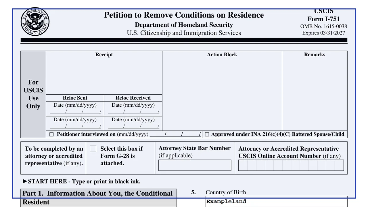 Page 1 of Form I-751, Petition to Remove Conditions on Residence, with the title area and Part 1