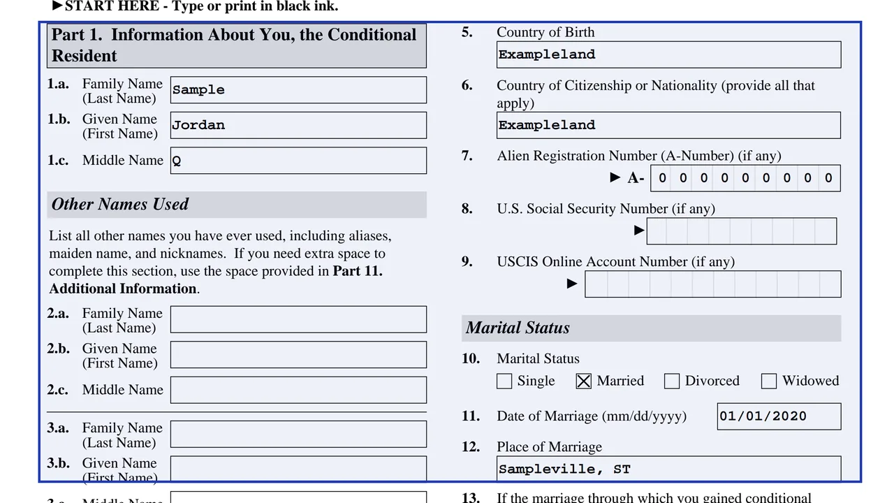 Part 1 of Form I-751 with the name, other names used, country of birth, A-Number and marital status fields, sample values