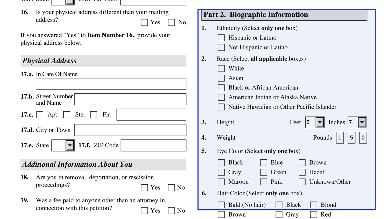 Part 2 of Form I-751 with ethnicity, race, height, weight, eye color and hair color fields