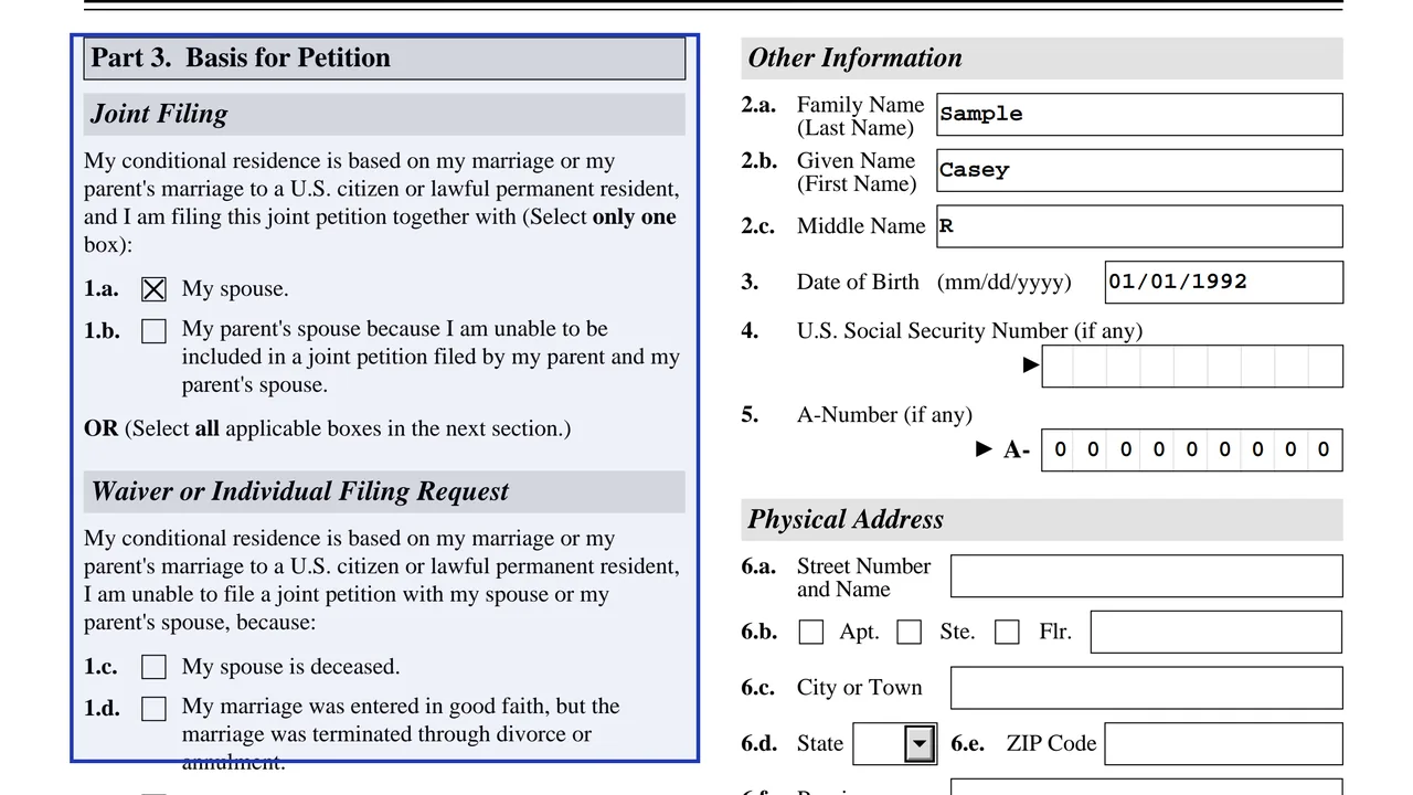 Part 3 of Form I-751 with the joint filing boxes and the waiver or individual filing reason boxes