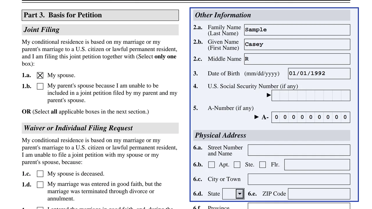 Part 4 of Form I-751 with the spouse or individual's name, date of birth and A-Number, using sample values