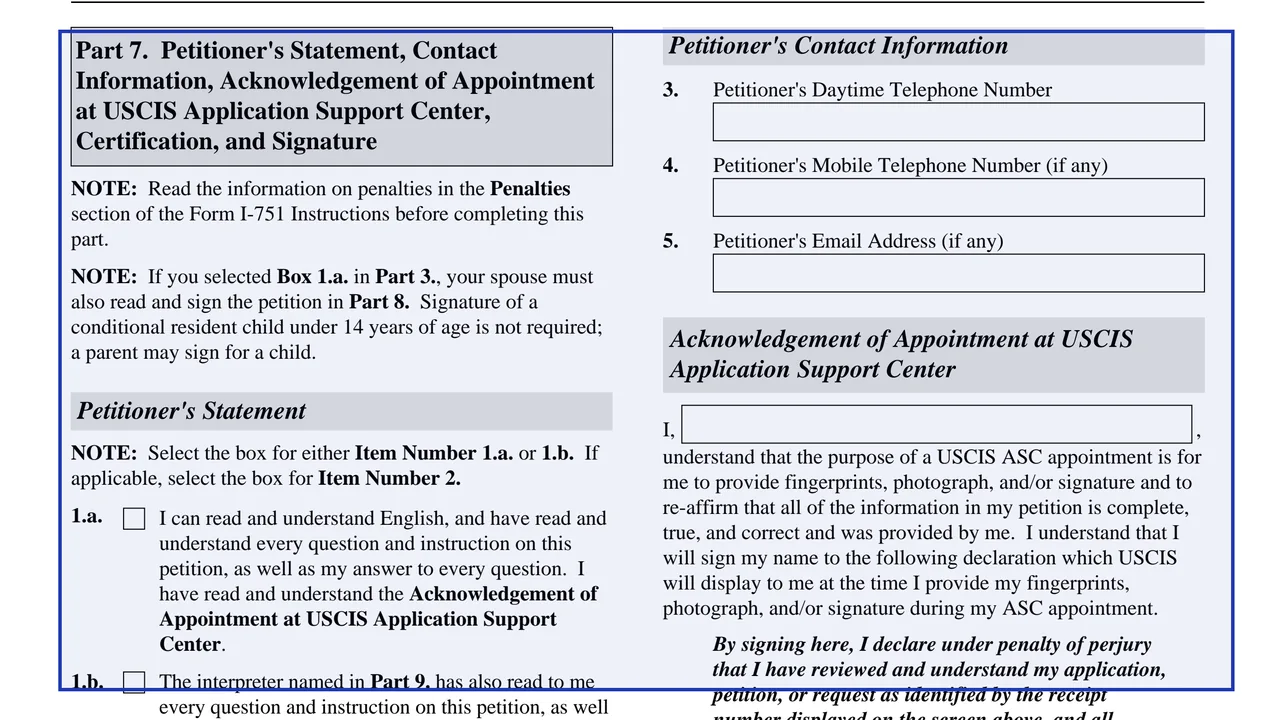 Part 7 of Form I-751 with the petitioner's statement and contact information lines
