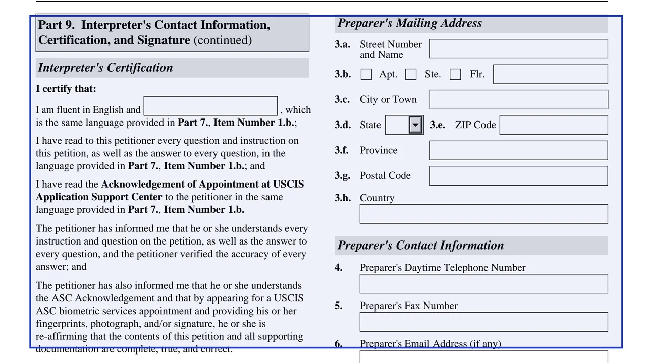 Part 9 of Form I-751 with the interpreter's certification and the preparer's mailing address and contact lines