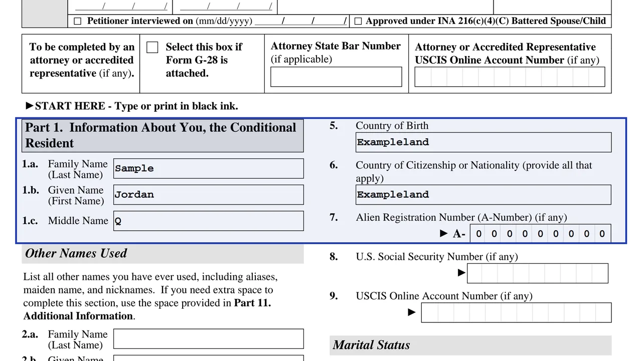 Form I-751 Part 1 with the name as on the green card and an A-Number, using sample values