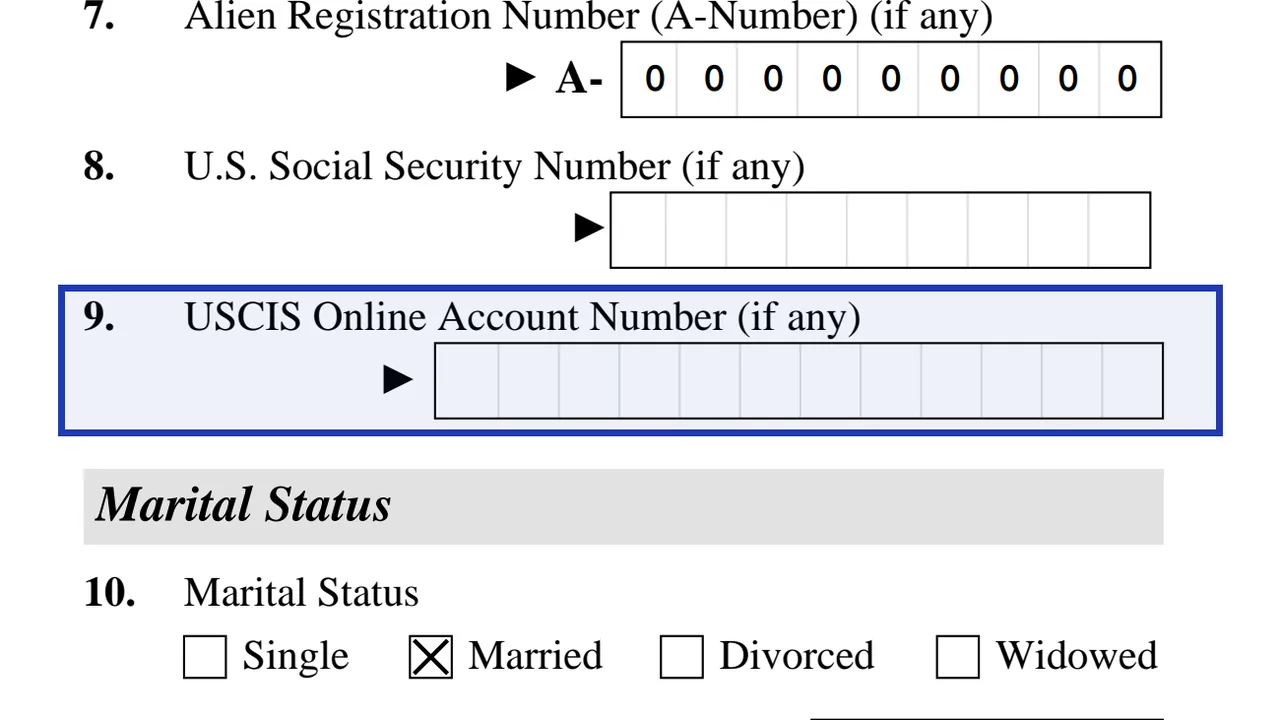 Form I-751 Part 1 online account number line, left blank unless a receipt number starts with IOE